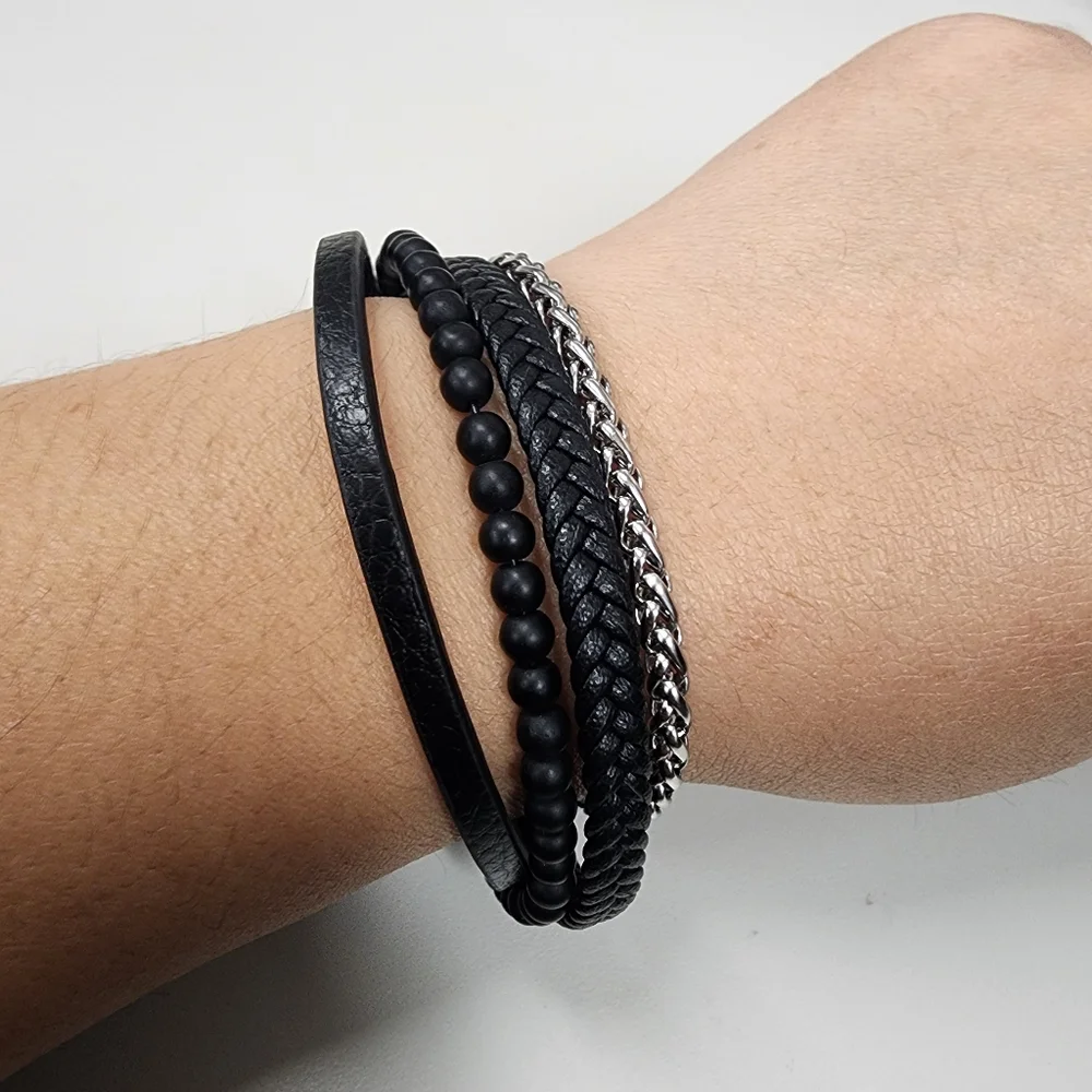 Multi-Strand Stainless Steel & Black Braided Beaded Faux Leather Bracelet Unisex